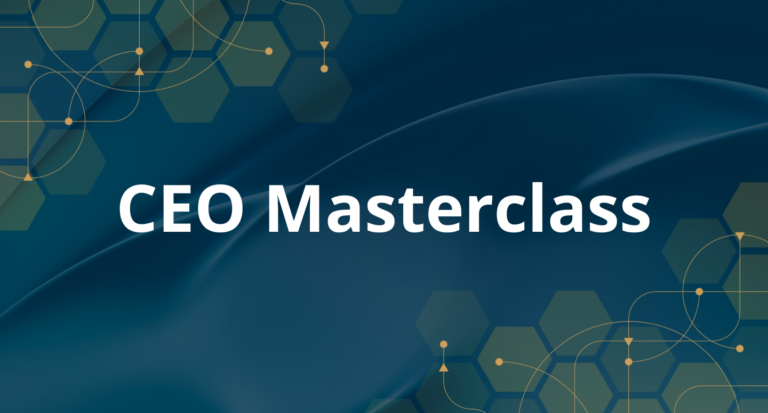 Image of waves with a blue overlay, the text "CEO Masterclass," and orange hexagons overlay on the upper left and lower right corner.