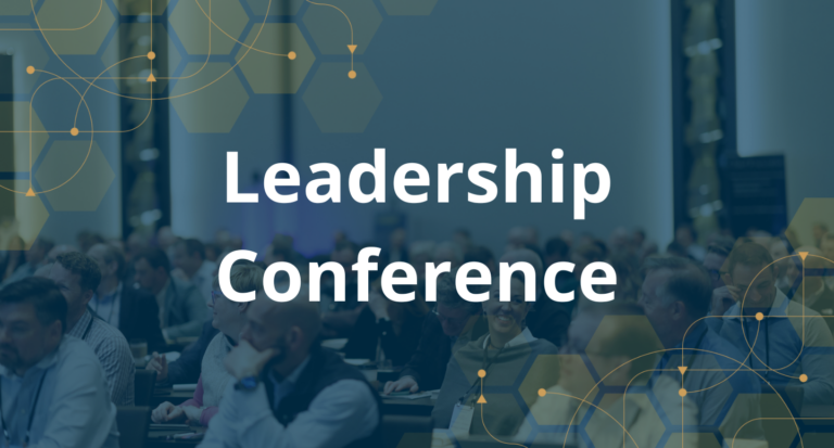 Image of many people in a conference room with a blue overlay, the text "Leadership Conference," and orange hexagons overlay on the upper left and lower right corner.