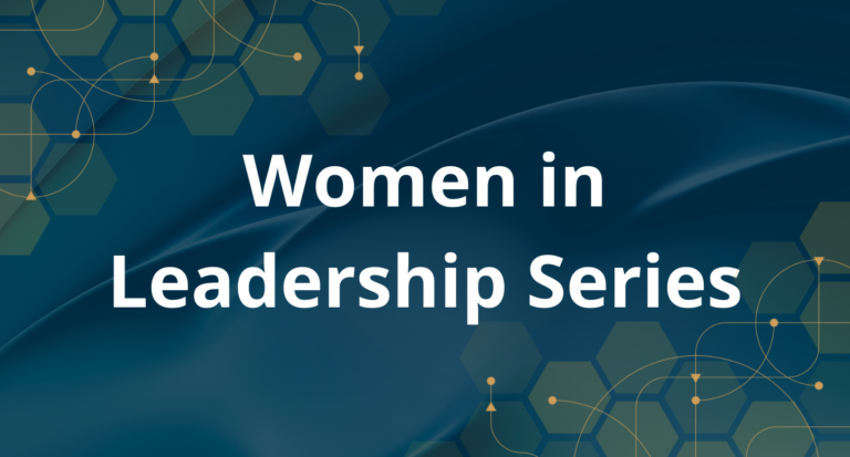 Image of waves with a blue overlay, the text "Women in Leadership Series," and orange hexagons overlay on the upper left and lower right corner.