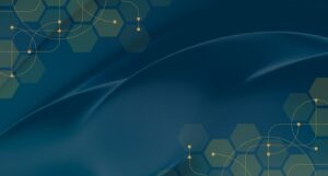 Image of waves with a blue overlay and orange hexagons overlay on the upper left and lower right corner.